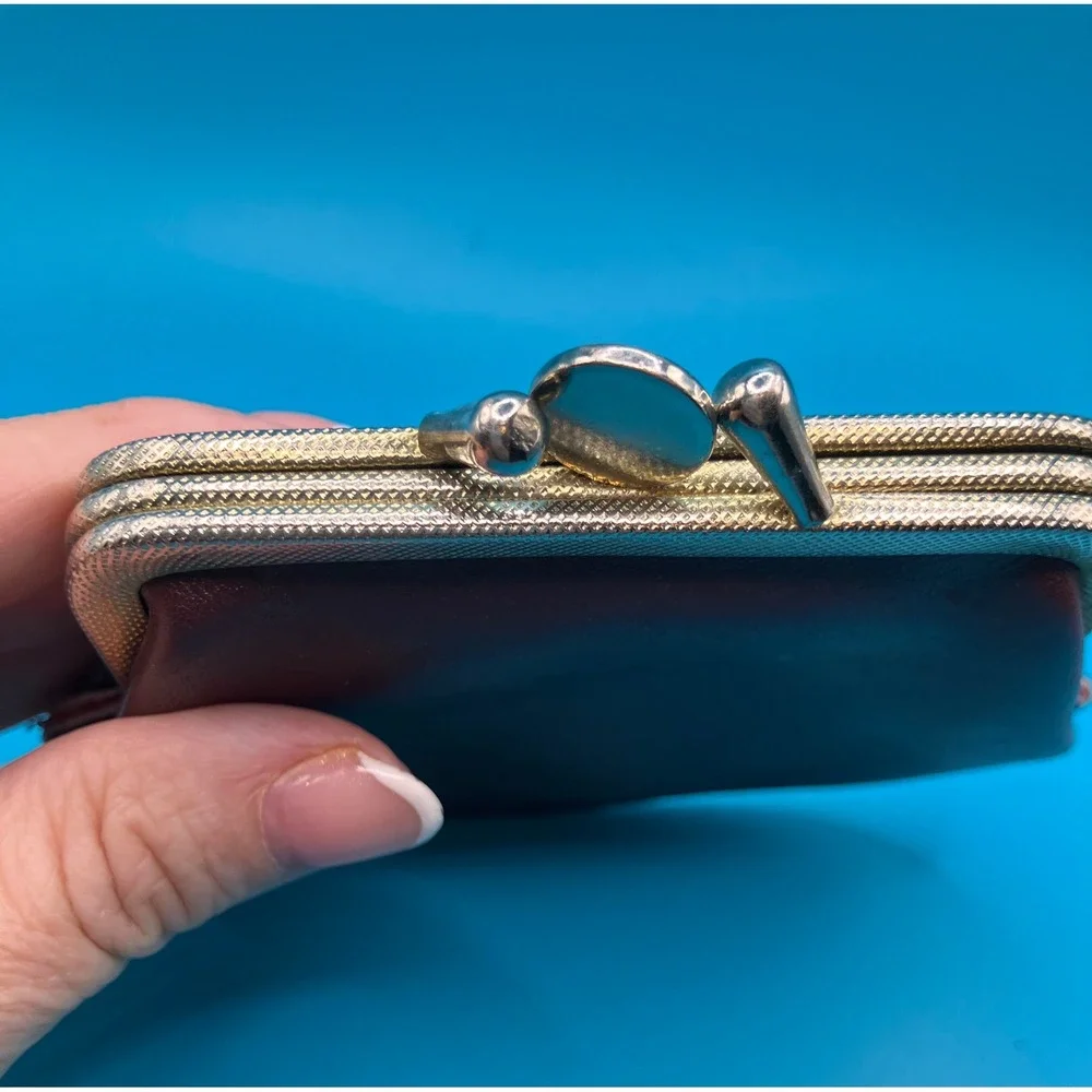Coin Purse Women Small Brown Genuine Leather Double Kiss Lock Clasp